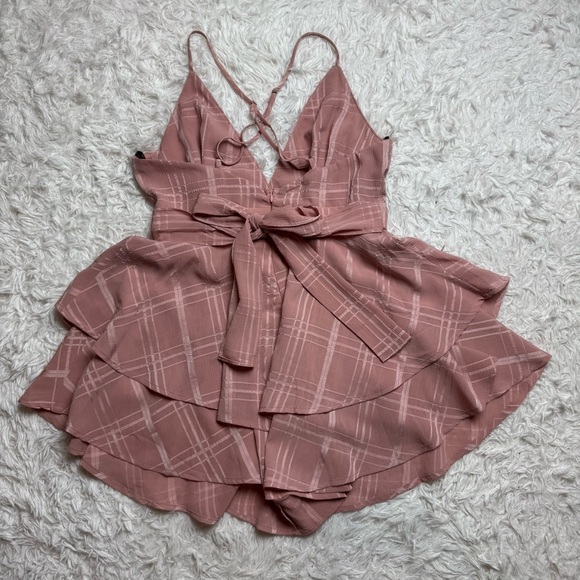 Dusty Pink Romper | Frilly Mini Dress Spaghetti Straps V-Neck | Coquette - Picture 2 of 11